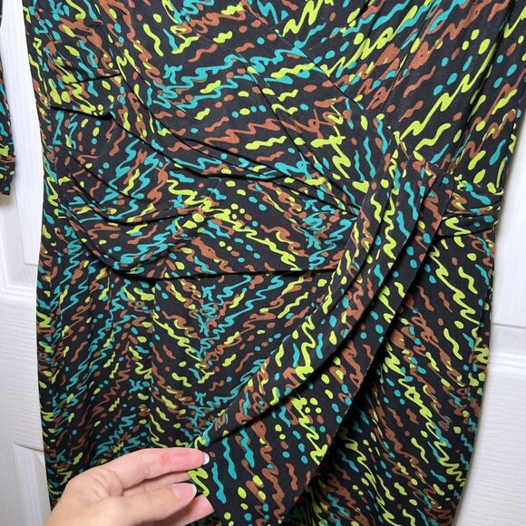 David Meister Dress 10 Black Green Blue Career Stretch 3/4 Sleeve Asymmetrical - Picture 3 of 10